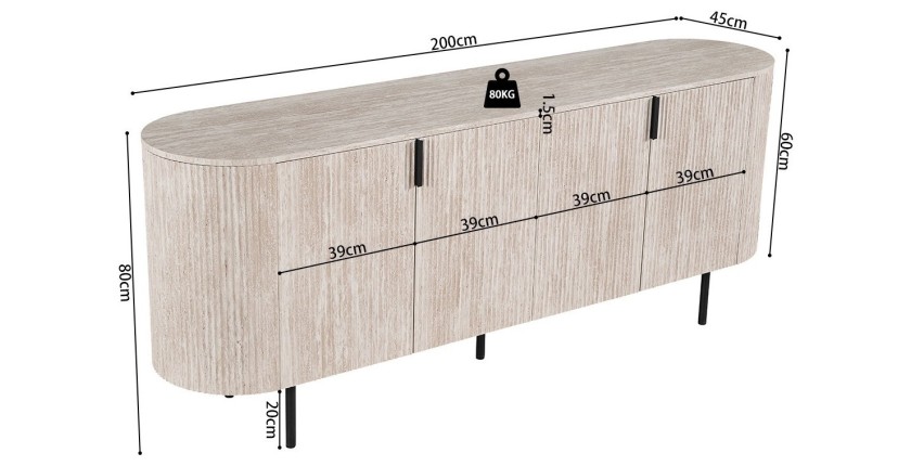 Buffet VAGOS – Licht eikenkleur – 4 deuren – 200 cm – Groot modern dressoir – Praktische opbergruimte