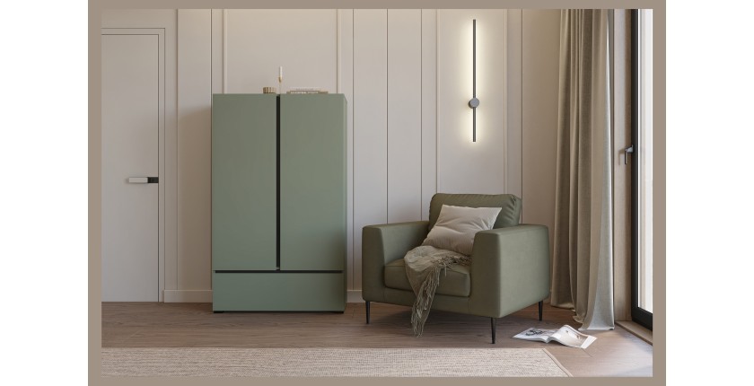 Armario de almacenamiento HAVANA - 2 puertas 1 cajón - Color verde salvia y negro - Diseño moderno y compacto