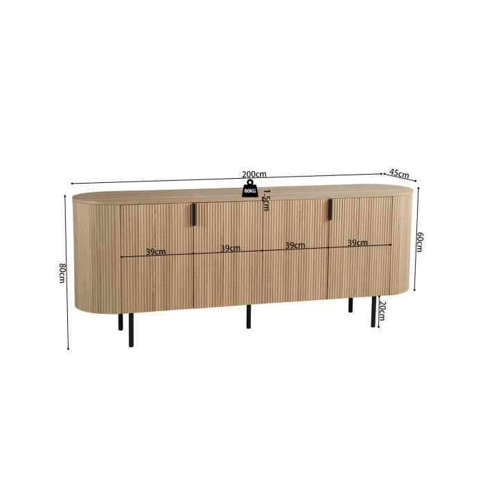 Buffet VAGOS – Coloris rovere naturale – 4 porte – 200 cm – Grande credenza moderna – Ampio spazio di conservazione