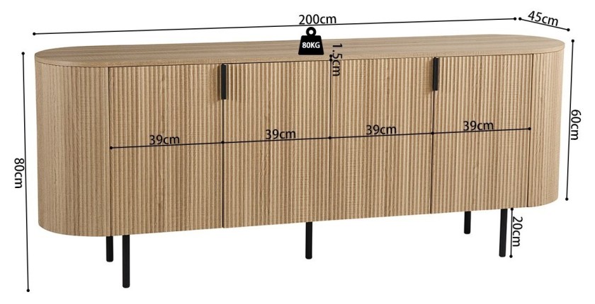 Buffet VAGOS – Coloris chêne naturel – 4 portes – 200 cm – Grand bahut moderne – Rangement spacieux