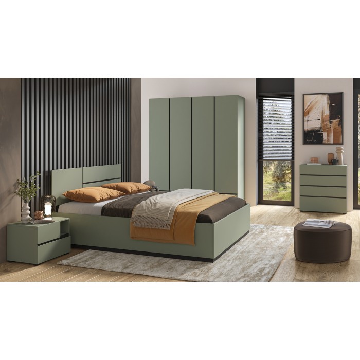 Chambre complète HAVANA – Coloris vert sauge et noir – Armoire, lit 180x200, commode et chevets – Ensemble design et fonctionnel