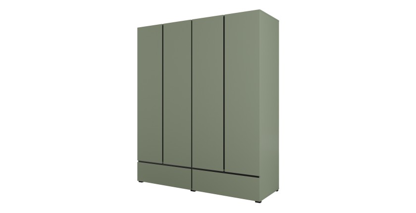 Chambre complète design collection HAVANA coloris vert sauge et noir – Lit coffre 160x200, armoire, commode et chevets.