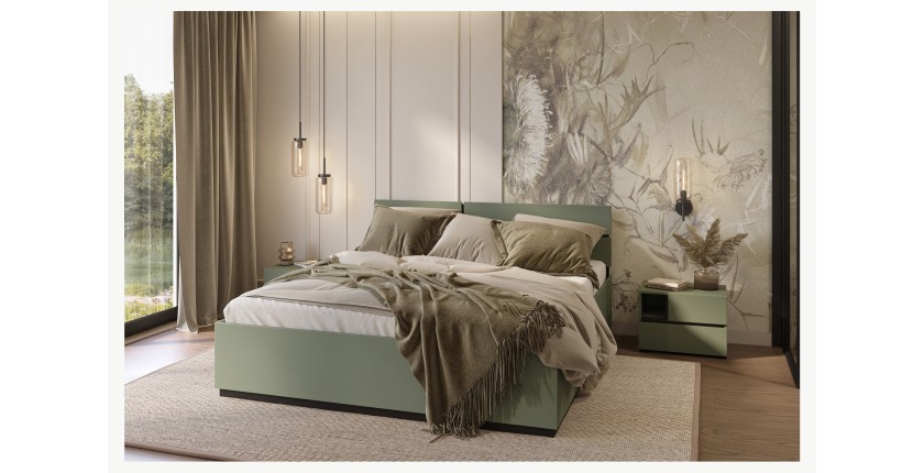 Lit HAVANA 160x200 avec sommier – Coloris vert sauge et noir – Design moderne et structure robuste