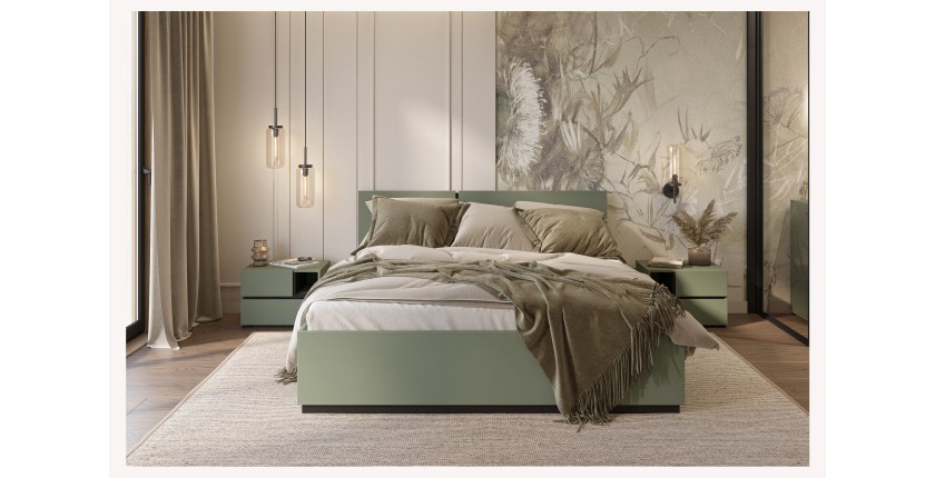 Lit HAVANA 160x200 avec sommier – Coloris vert sauge et noir – Design moderne et structure robuste