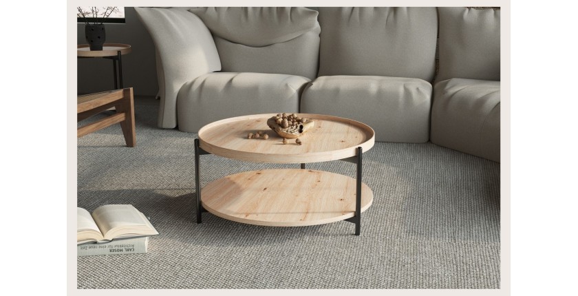 Table basse NORWYN – Coloris chêne vieilli – Table basse ronde Ø80 cm – MDF – Design original 