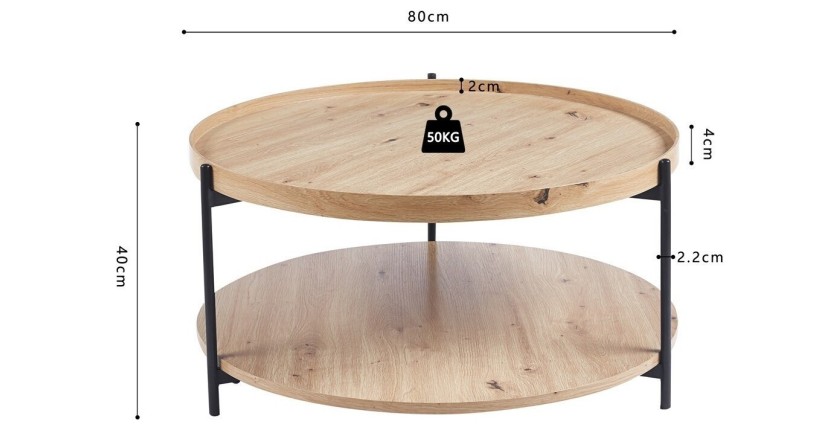 Table basse NORWYN – Coloris chêne vieilli – Table basse ronde Ø80 cm – MDF – Design original 