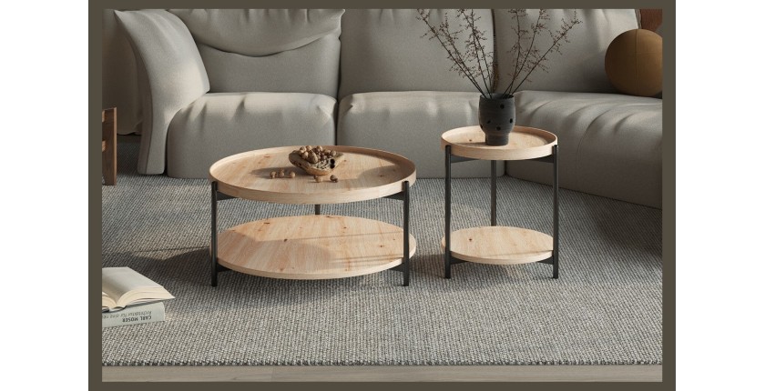 Table basse NORWYN – Coloris chêne vieilli – Table basse ronde Ø45 cm – MDF – Design compact et original 