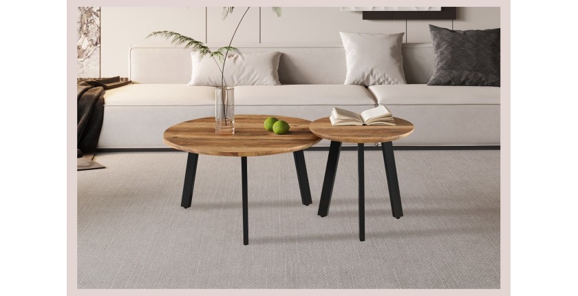 Set de 2 tables basses TUNIS – Coloris bois de manguier – MDF & métal – Style industriel et harmonieux 