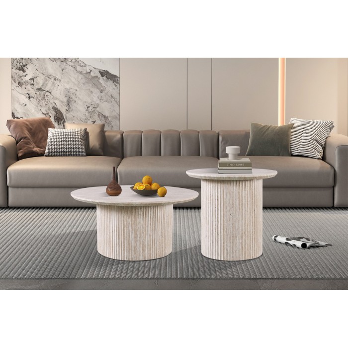 Table basse VAGOS – Coloris chêne clair – Table basse ronde Ø80 cm – MDF – Design naturel et moderne 