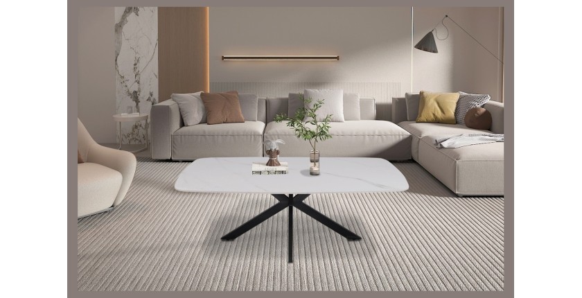 Table basse ARVENA – Table basse rectangulaire 130x70 cm – Pierre blanche & métal – Design moderne haut de gamme 
