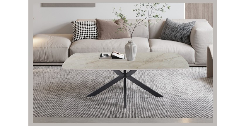 Table basse ARVENA – Table basse rectangulaire 130x70 cm – Marbre beige & métal – Design haut de gamme et raffiné 