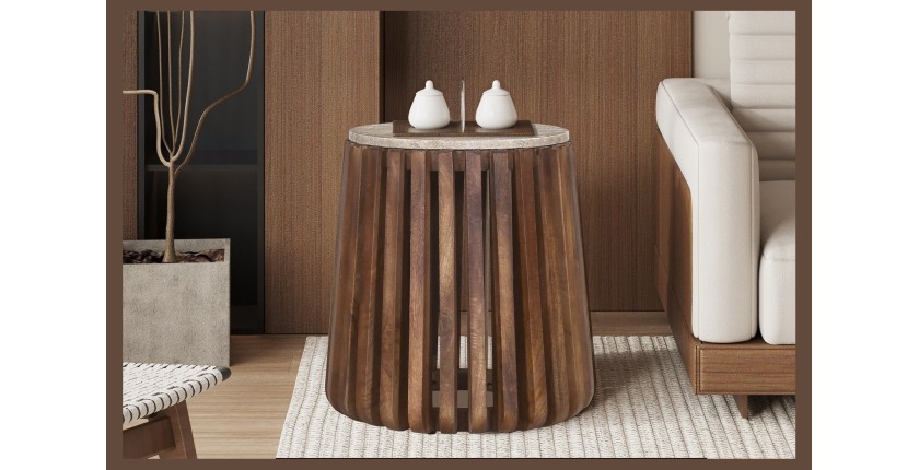 Table basse MAELORA – Table basse ronde Ø40 cm – Bois de manguier & travertin – Design naturel et compact 
