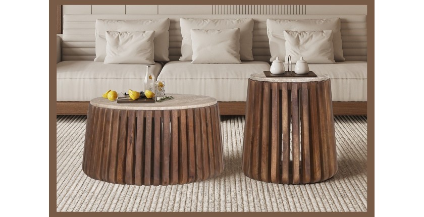 Table basse MAELORA – Table basse ronde Ø40 cm – Bois de manguier & travertin – Design naturel et compact 