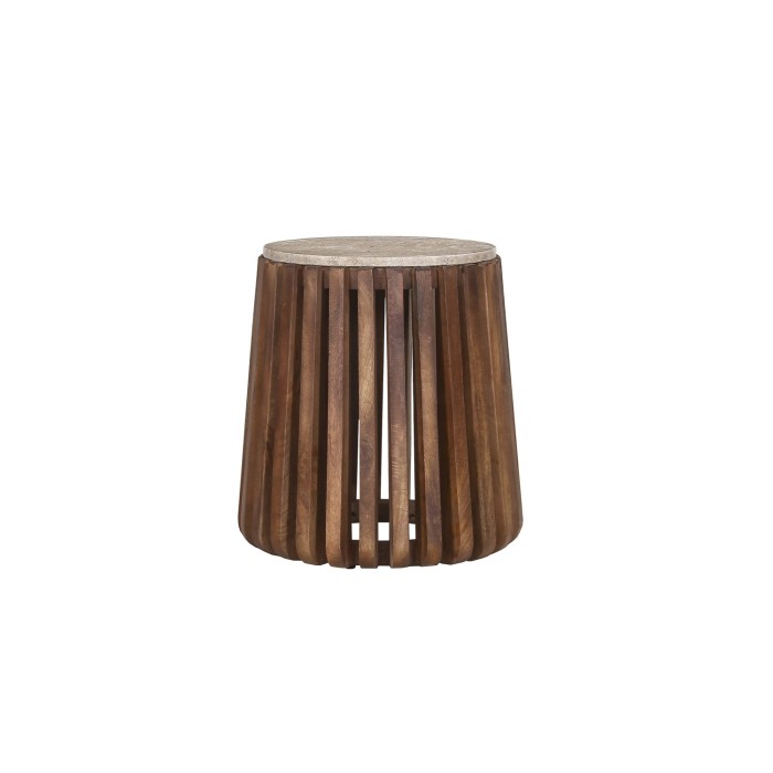 Table basse MAELORA – Table basse ronde Ø40 cm – Bois de manguier & travertin – Design naturel et compact