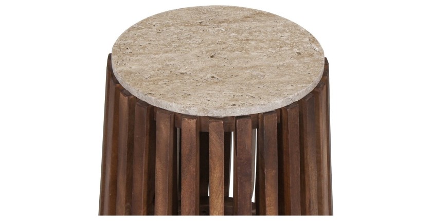 Table basse MAELORA – Table basse ronde Ø40 cm – Bois de manguier & travertin – Design naturel et compact 