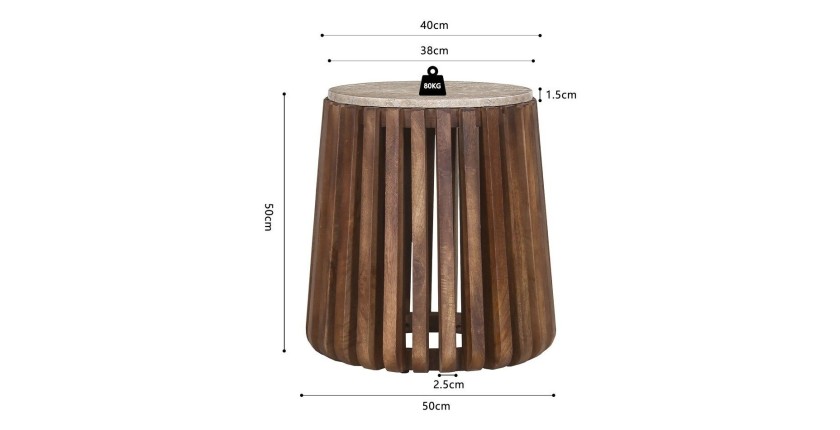 Table basse MAELORA – Table basse ronde Ø40 cm – Bois de manguier & travertin – Design naturel et compact 