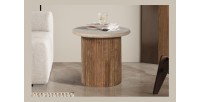 Table basse MAELORA – Table basse ronde Ø50 cm – Bois de manguier & travertin – Design naturel et élégant 