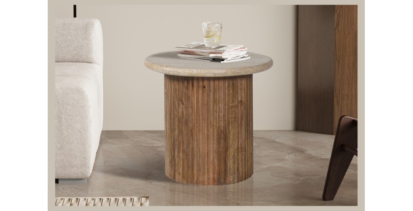 Table basse MAELORA – Table basse ronde Ø50 cm – Bois de manguier & travertin – Design naturel et élégant 