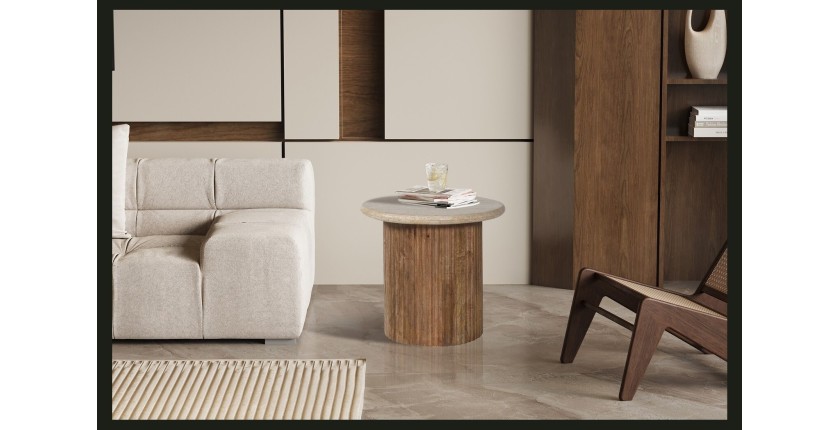Table basse MAELORA – Table basse ronde Ø50 cm – Bois de manguier & travertin – Design naturel et élégant 