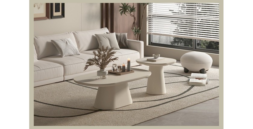 Table basse TARAVI – Table basse ronde Ø55 cm – Finition ciment beige – Design minéral doux et contemporain 
