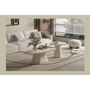 Table basse TARAVI – Table basse ronde Ø55 cm – Finition ciment beige – Design minéral doux et contemporain 