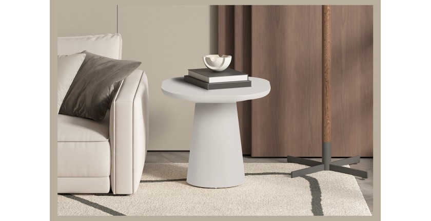 Table basse TARAVI – Table basse ronde Ø55 cm – Finition ciment blanc – Design lumineux et moderne