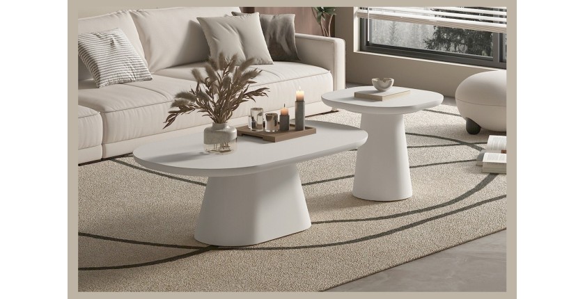 Table basse TARAVI – Table basse ronde Ø55 cm – Finition ciment blanc – Design lumineux et moderne 
