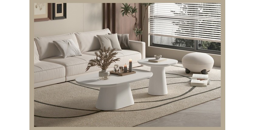 Table basse TARAVI – Table basse ronde Ø55 cm – Finition ciment blanc – Design lumineux et moderne 