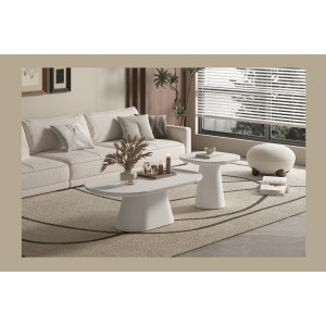 Table basse TARAVI – Table basse ronde Ø55 cm – Finition ciment blanc – Design lumineux et moderne 