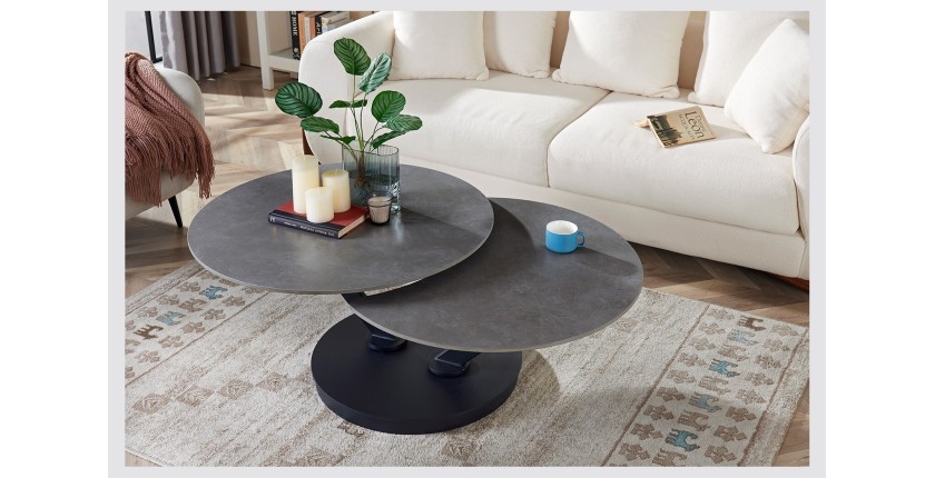 Table basse VIRELLO – Table basse ronde Ø85 cm – Pierre naturelle gris clair & métal – Design haut de gamme 
