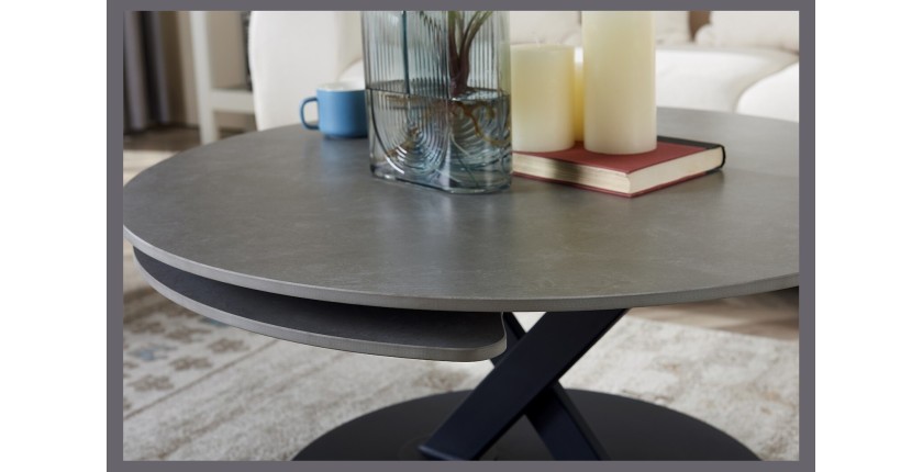 Table basse VIRELLO – Table basse ronde Ø85 cm – Pierre naturelle gris clair & métal – Design haut de gamme 