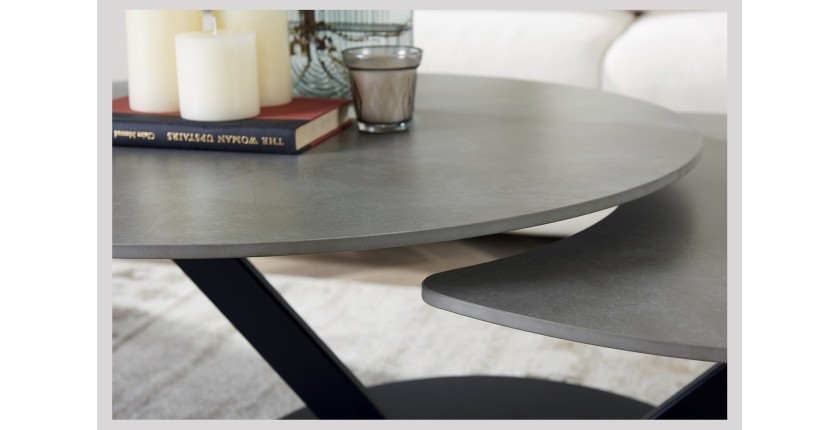 Table basse VIRELLO – Table basse ronde Ø85 cm – Pierre naturelle gris clair & métal – Design haut de gamme 