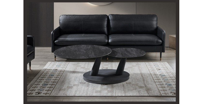 Table basse VIRELLO – Table basse ronde Ø80 cm – Pierre naturelle gris foncé & métal – Design contemporain et robuste 