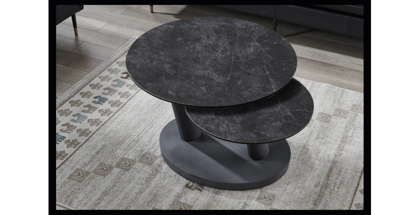 Table basse VIRELLO – Table basse ronde Ø80 cm – Pierre naturelle gris foncé & métal – Design contemporain et robuste 