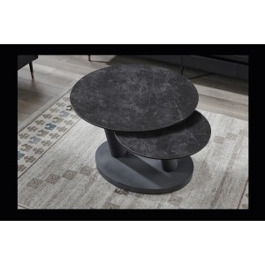 Table basse VIRELLO – Table basse ronde Ø80 cm – Pierre naturelle gris foncé & métal – Design contemporain et robuste 