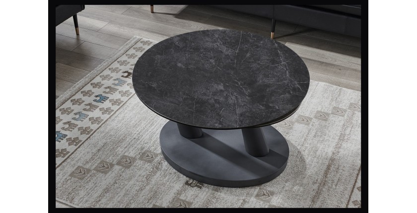 Table basse VIRELLO – Table basse ronde Ø80 cm – Pierre naturelle gris foncé & métal – Design contemporain et robuste 