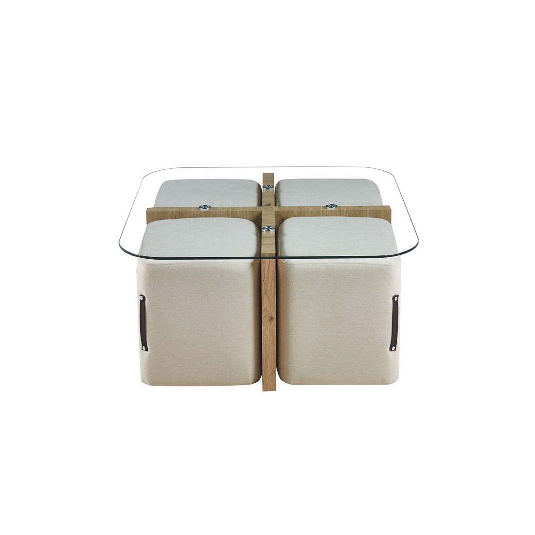 Table basse QUADORA – Carrée 90x90 cm – Verre & chêne vieilli – Avec 4 poufs blancs – Design pratique et élégant