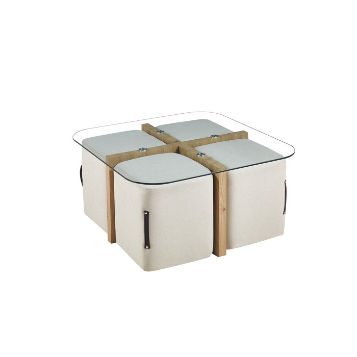Salontafel QUADORA – Vierkant 90x90 cm – Glas & verouderde eik – Met 4 witte poefs – Praktisch en elegant ontwerp