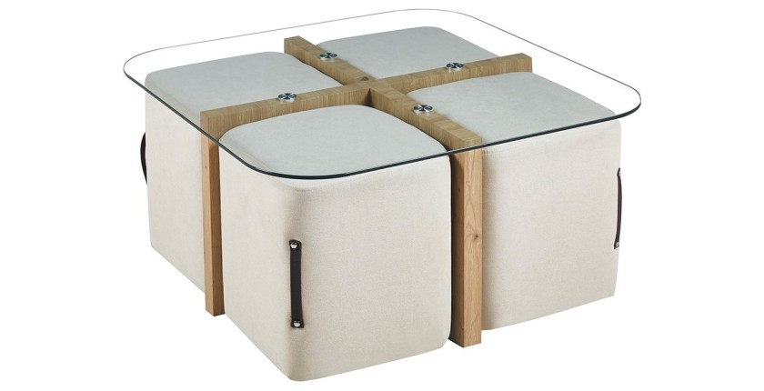 Table basse QUADORA – Carrée 90x90 cm – Verre & chêne vieilli – Avec 4 poufs blancs – Design pratique et élégant