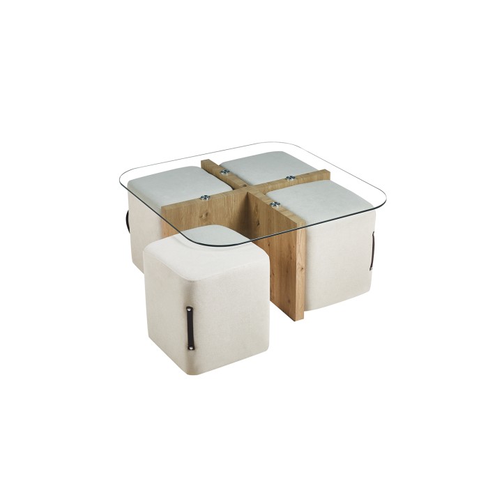 Salontafel QUADORA – Vierkant 90x90 cm – Glas & verouderde eik – Met 4 witte poefs – Praktisch en elegant ontwerp