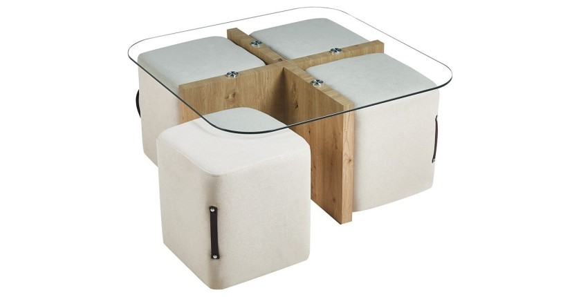 Table basse QUADORA – Carrée 90x90 cm – Verre & chêne vieilli – Avec 4 poufs blancs – Design pratique et élégant