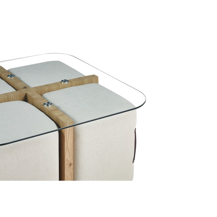 Salontafel QUADORA – Vierkant 90x90 cm – Glas & verouderde eik – Met 4 witte poefs – Praktisch en elegant ontwerp
