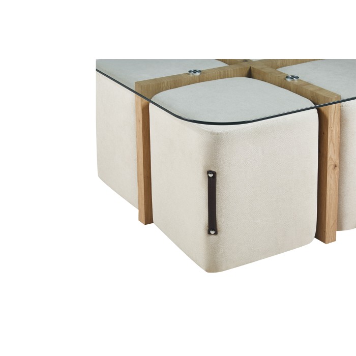 Salontafel QUADORA – Vierkant 90x90 cm – Glas & verouderde eik – Met 4 witte poefs – Praktisch en elegant ontwerp
