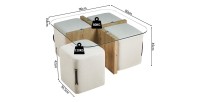 Table basse QUADORA – Carrée 90x90 cm – Verre & chêne vieilli – Avec 4 poufs blancs – Design pratique et élégant
