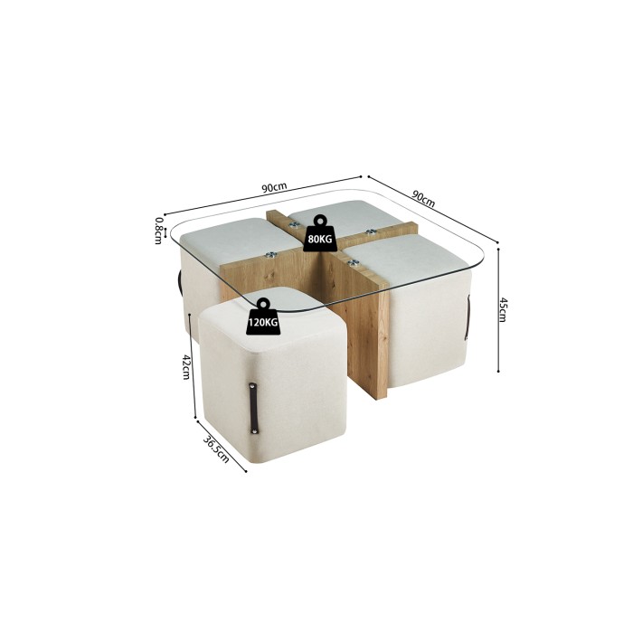 Salontafel QUADORA – Vierkant 90x90 cm – Glas & verouderde eik – Met 4 witte poefs – Praktisch en elegant ontwerp