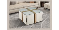 Table basse QUADORA – Carrée 90x90 cm – Verre & chêne vieilli – Avec 4 poufs blancs – Design pratique et élégant