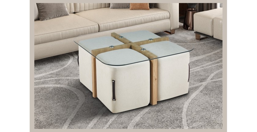 Table basse QUADORA – Carrée 90x90 cm – Verre & chêne vieilli – Avec 4 poufs blancs – Design pratique et élégant
