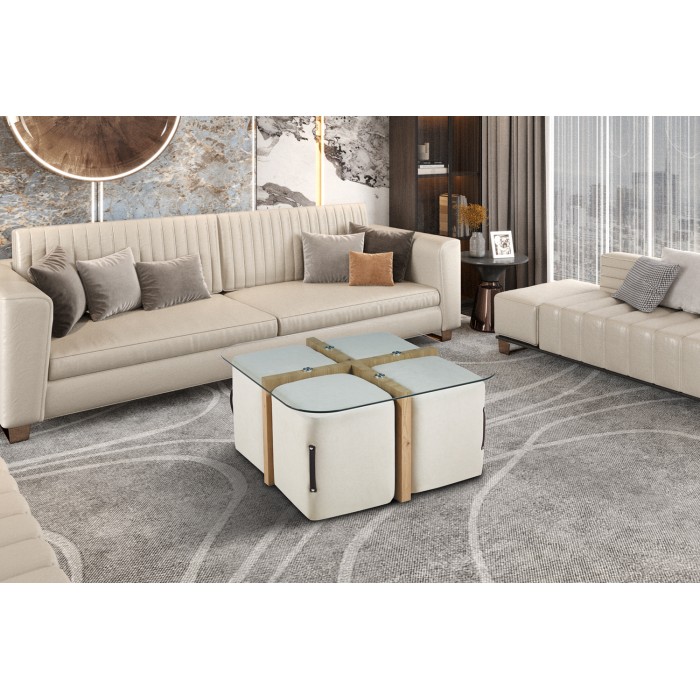 Salontafel QUADORA – Vierkant 90x90 cm – Glas & verouderde eik – Met 4 witte poefs – Praktisch en elegant ontwerp