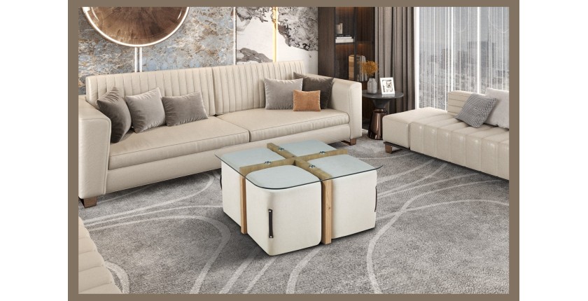 Table basse QUADORA – Carrée 90x90 cm – Verre & chêne vieilli – Avec 4 poufs blancs – Design pratique et élégant