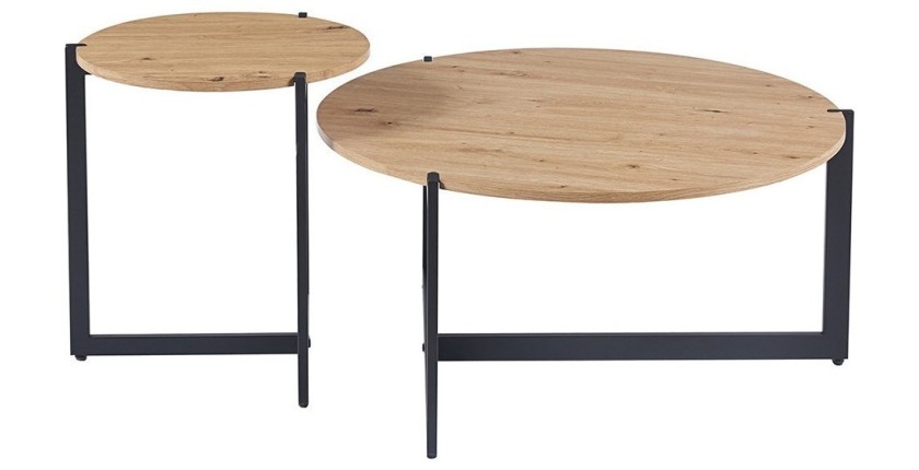 Set di due tavolini rotondi in stile industriale collezione BIANCA - Colore rovere chiaro e nero.